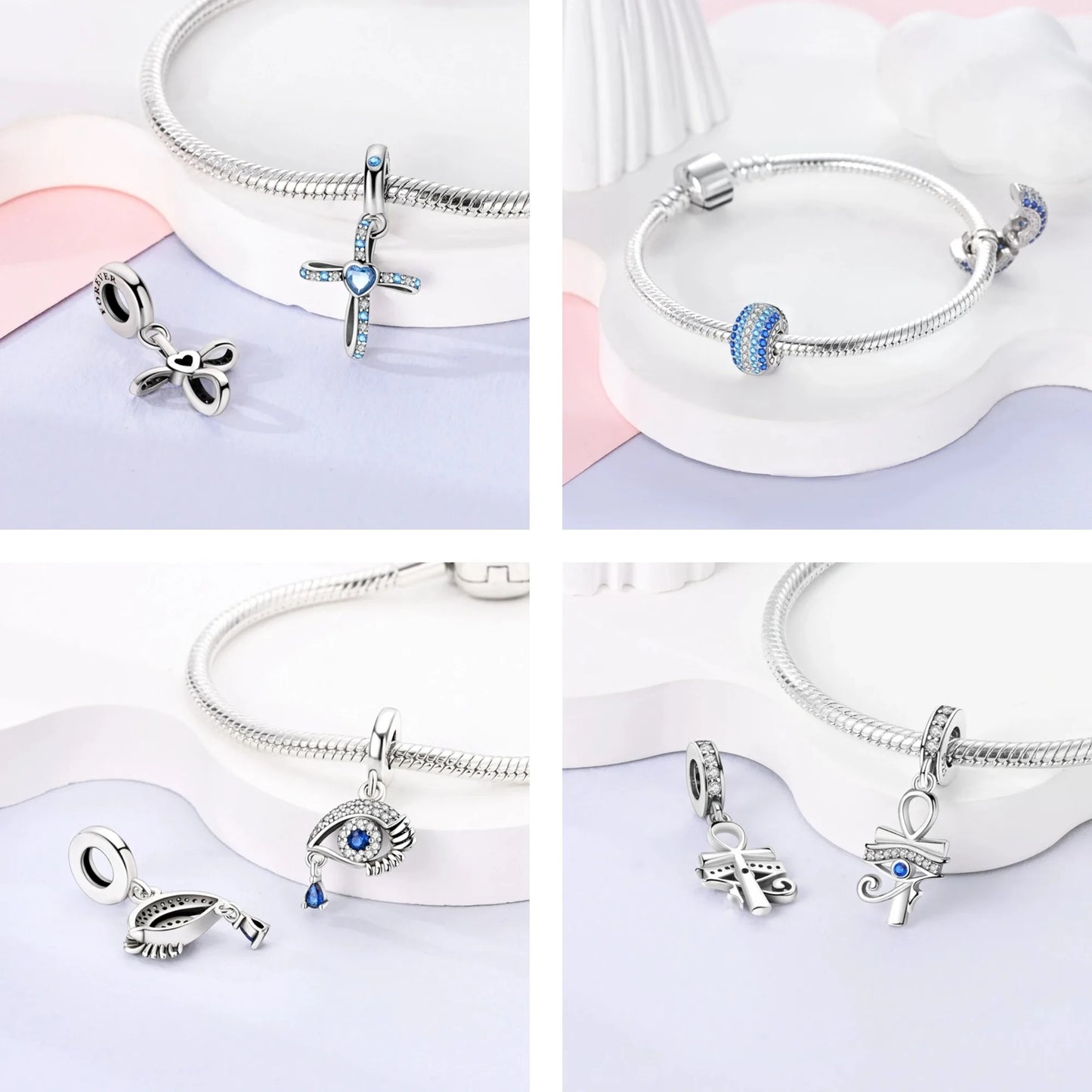Evil Eye & Tree of Life Charm - 925 Sterling Silver, Blue Zircon