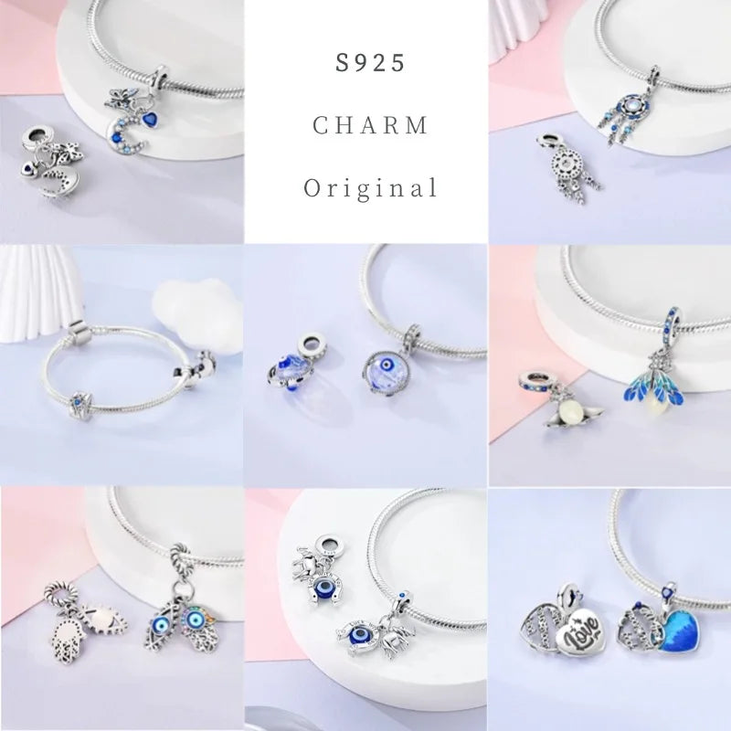 Evil Eye & Tree of Life Charm - 925 Sterling Silver, Blue Zircon